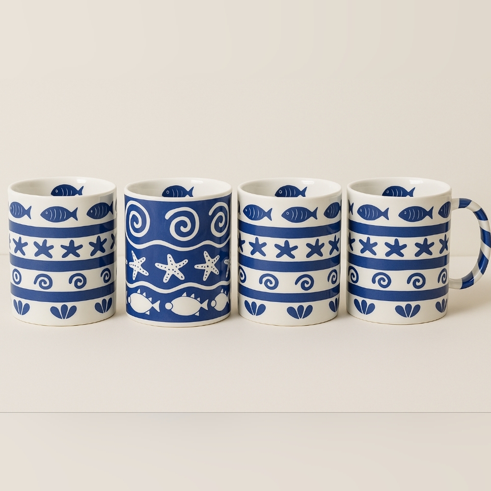 4 VTG Crate & Barrel " Starfish" Coastal Mugs – Includes Rare Inverse Colorway